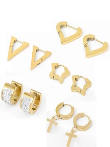 Collection of gold stainless steel earrings with cross, star, and heart charms with crystals