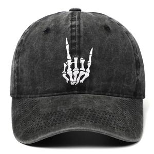 Washed Cotton Baseball Cap With Bone Hand Gesture Embroidery Distressed Adjustable Snapback Hat For Men Women Outdoor Sun Cap