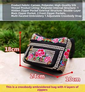 Detail view of ethnic embroidery on canvas crossbody bag with 4 zipper pockets