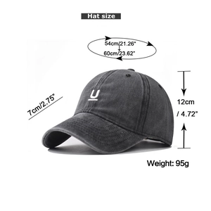 Detailed size chart for the washed cotton baseball cap with U-shaped embroidery