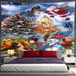 Detail of Christmas wall tapestry featuring Santa and tree as bedroom headboard decor