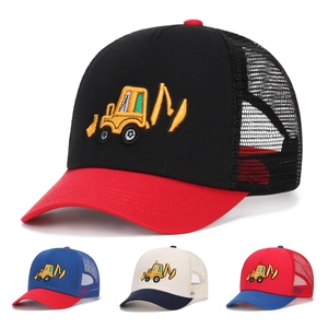 Kids Trucker Hat Cartoon Excavator Embroidery Mesh Baseball Cap Breathable Sun Protection Adjustable Outdoor For Boys Girls
