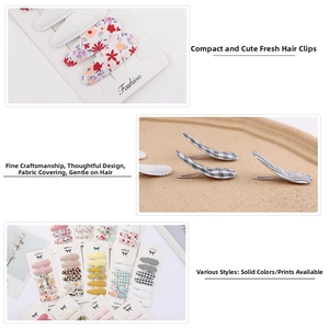 Detailed views of floral and leopard print fabric-wrapped hair clips for kids