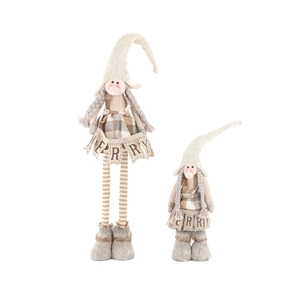 Detail of two white knitted Christmas gnomes with retractable legs for festive home decor