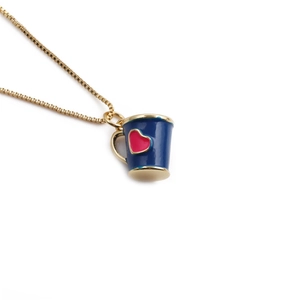 Minimalist gold-plated chain necklace with blue enamel heart coffee mug pendant