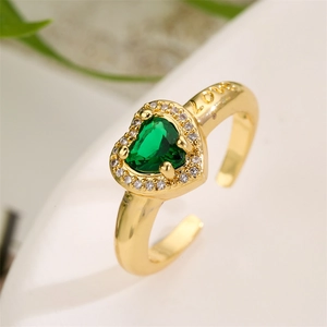 Gold plated heart ring with green zircon and micro-pave stones and LOVE engraving