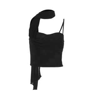 Women's black one-shoulder halter top with ruched texture for a chic summer style
