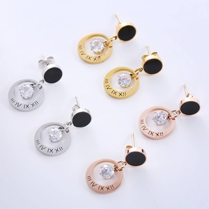Fashionable stainless steel earrings with Roman numerals and cubic zirconia in three colors