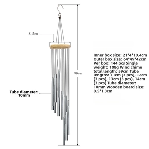 Detailed specs of 12-tube metal wind chime with silver aluminum tubes and wood plate