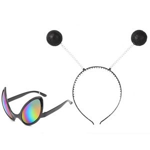 Alien party costume set featuring holographic glasses and black glitter antenna headband