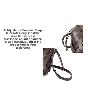 Detail of dark brown woven leather handbag showing adjustable strap for crossbody wear