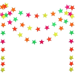 Close-up of neon star paper garland in fluorescent green, pink, orange, and yellow shades