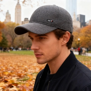 Men's winter baseball cap with ear protection in dark grey thick twill fabric