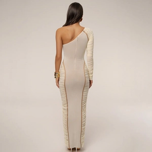 Detailed back view of off-white one-shoulder ruched bodycon long dress with long sleeve