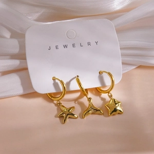 14K gold plated stainless steel hoop earrings set with starfish and fish tail pendants