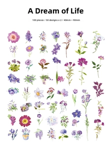 Detail view of 100 floral vintage scrapbooking stickers in purple and pink themes