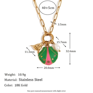 18K gold plated stainless steel paperclip necklace with shell palm and pearl pendants