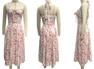 Detail view of floral midi dress with pink roses and backless tie-up design on mannequin