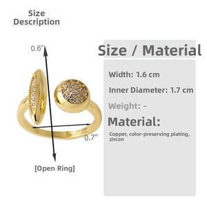 Detailed dimension guide for gold-plated open ring with zircon and spherical decoration