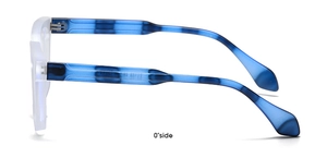 Side view of square matte sunglasses frame in blue and white translucent acetate
