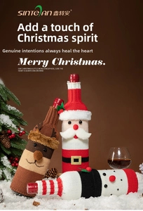 Detailed view of knitted Christmas wine bottle covers featuring Santa, snowman and deer