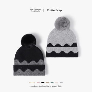 Women Knitted Beanie Hat Faux Rabbit Fur Fleece Lined Thick Warm Winter Outdoor Wave Pattern Pom-pom