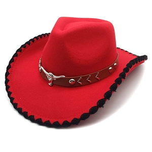 Western Cowboy Hat Cotton Polyester Felt Wide Brim With Bull Head Leather Belt Woven Hem Outdoor Sunshade For Men Women