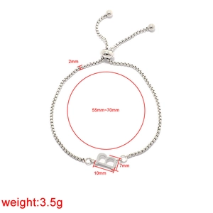 Silver adjustable stainless steel bracelet with letter B pendant and size dimensions