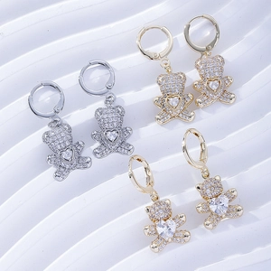 Chic heart-shaped bear earrings with sparkling zircon stones in gold and silver plating