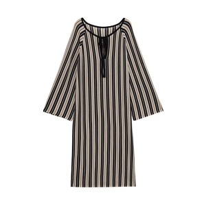 Robe Midi Tricotée À Rayures Pour Femmes Col En V À Nouer Manches Longues Élégante
