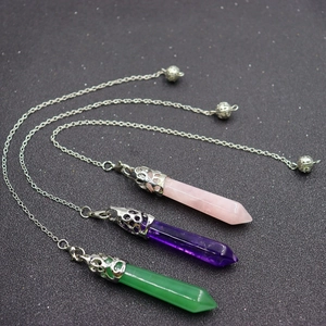 Hexagonal Column Natural Stone Crystal Pendant Necklace With Alloy Hollow Cap Dowsing Pendulum Jewelry For Women Men