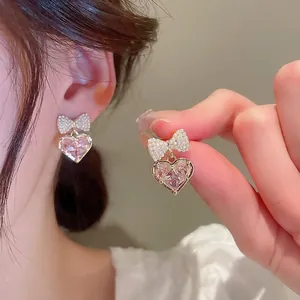 Pink Heart Zircon Bowknot Earrings With 925 Sterling Silver Earring Post Faux Artificial Pearl Sweet Korean Style Jewelry