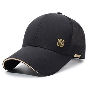 Black mesh baseball cap with gold Chinese character badge and sport label