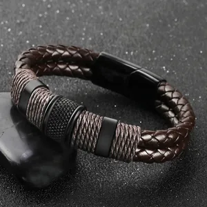 Men's double-layered brown braided leather bracelet with black stainless steel magnetic clasp