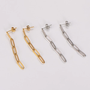 Detail view of long stainless steel chain drop earrings in gold and silver finishes