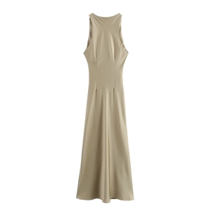 Detailed view of champagne silk satin midi dress showing elegant neck and slim fit