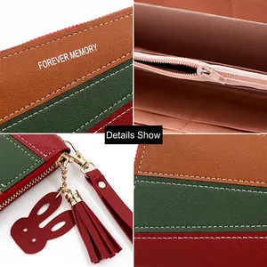 Three-color patchwork long wallet with lychee pattern leather and tassel charm zip