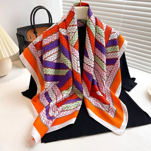 Women Fashion Square Scarf Polyester Twill Satin Like Geometric Braided Rope Print Elegant Color Block Hair Neck Wrap