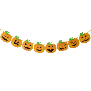 Halloween party banner with eight orange paper pumpkin cutouts on yellow string
