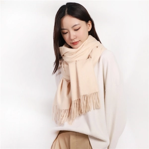 Elegant beige cashmere-like scarf with tassels, thick warm solid color pashmina for women