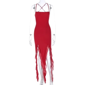 Red backless bodycon dress with criss-cross straps and asymmetric ruffle hem for women