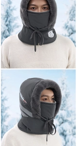 Close-up of winter fleece hood with gray faux fur lining and integrated face mask