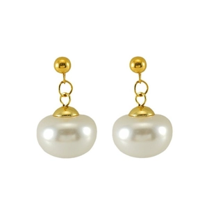 Detail of white double pearls with polished gold metal caps and studs for women