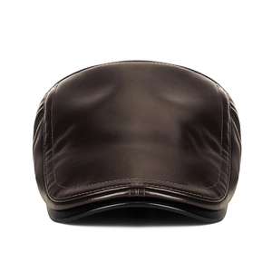 Deep brown PU leather ivy cap for men with retro stitch details and thermal winter design