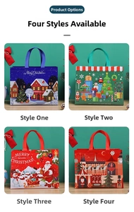 Collage of four Christmas non-woven gift bags with festive Santa and winter cottage prints