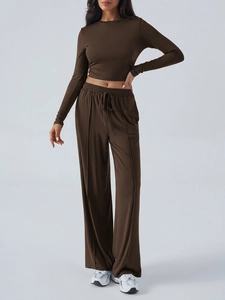 Brown long sleeve crop top and matching wide leg drawstring lounge pants yoga set