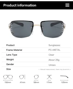 Detailed size specifications for rimless square sunglasses with rhinestone details