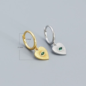 925 silver heart hoop earrings with green evil eye detail in gold and silver finish