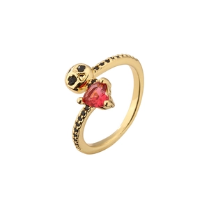 Skull and red heart open ring with black diamonds in gold-plated stainless steel