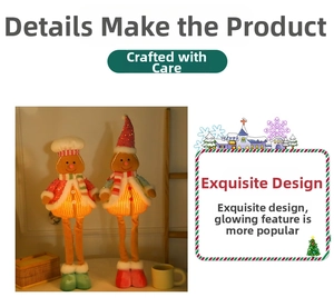 Detail showing glowing gingerbread man Christmas doll with red striped scarf and hat